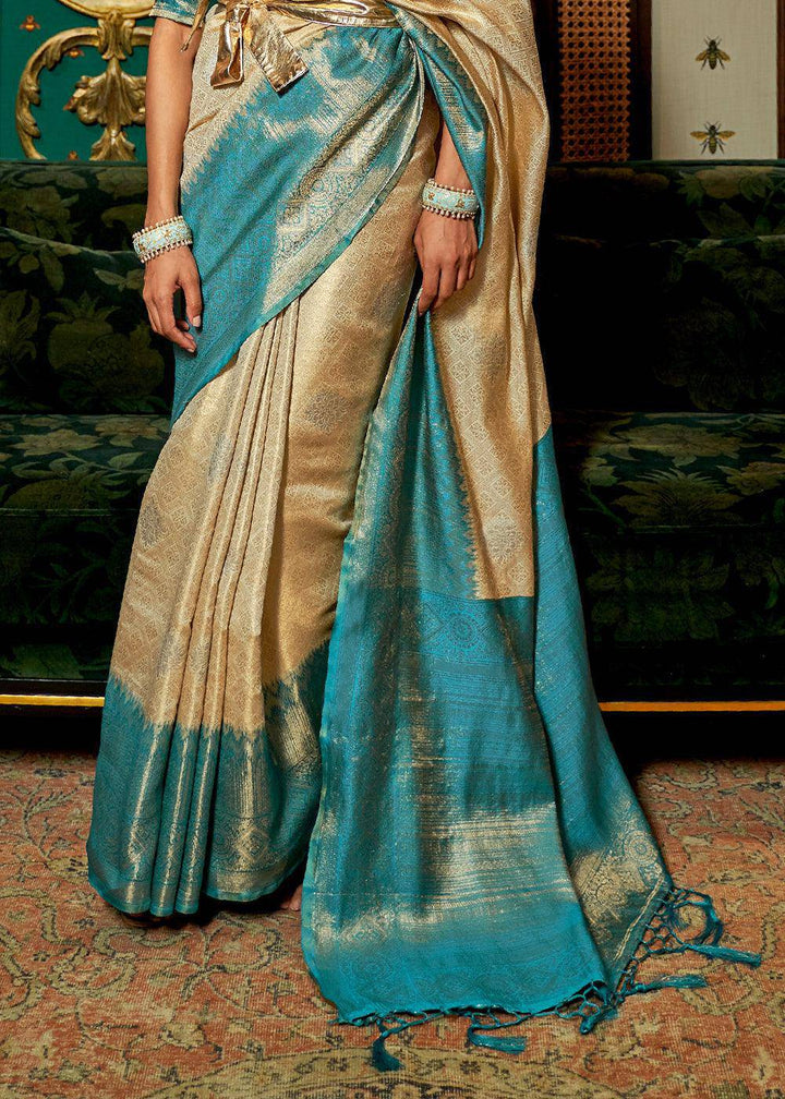 White & Blue Zari Woven Silk Saree with Tassels on Pallu | Stitched Blouse - qivii