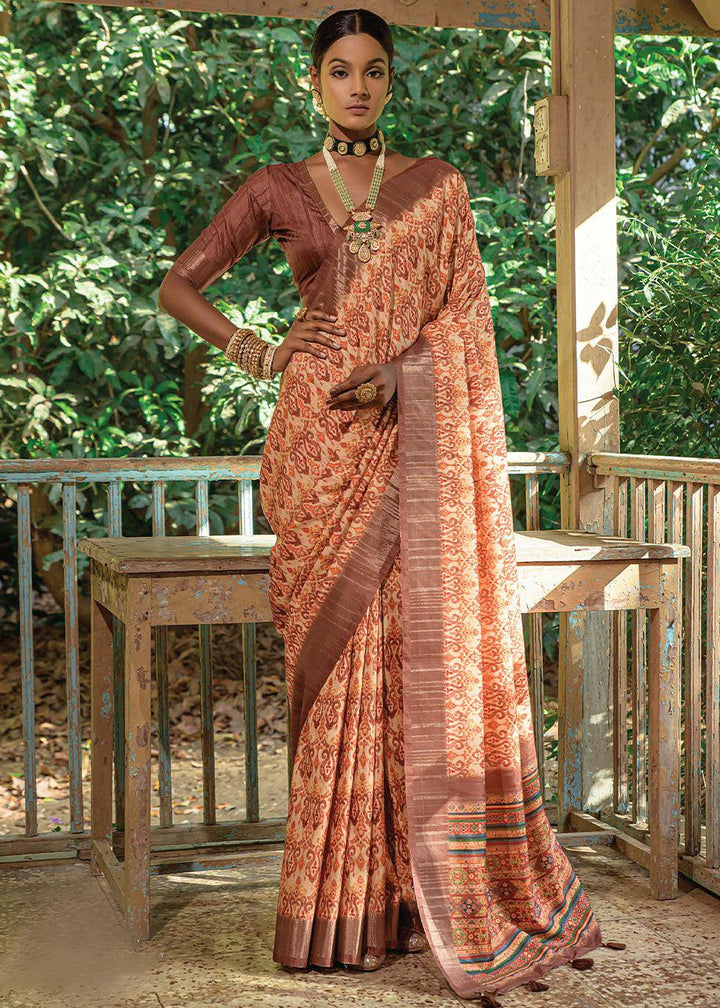 White & Brown Printed Dola Silk Saree | Stitched Blouse - qivii