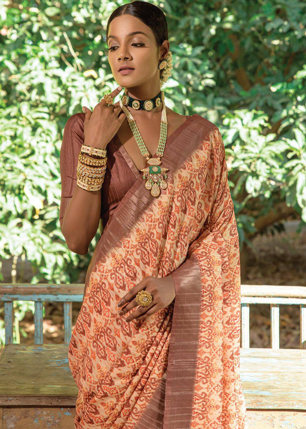 White & Brown Printed Dola Silk Saree | Stitched Blouse - qivii