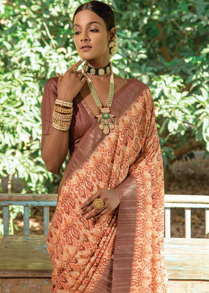 White & Brown Printed Dola Silk Saree | Stitched Blouse - qivii