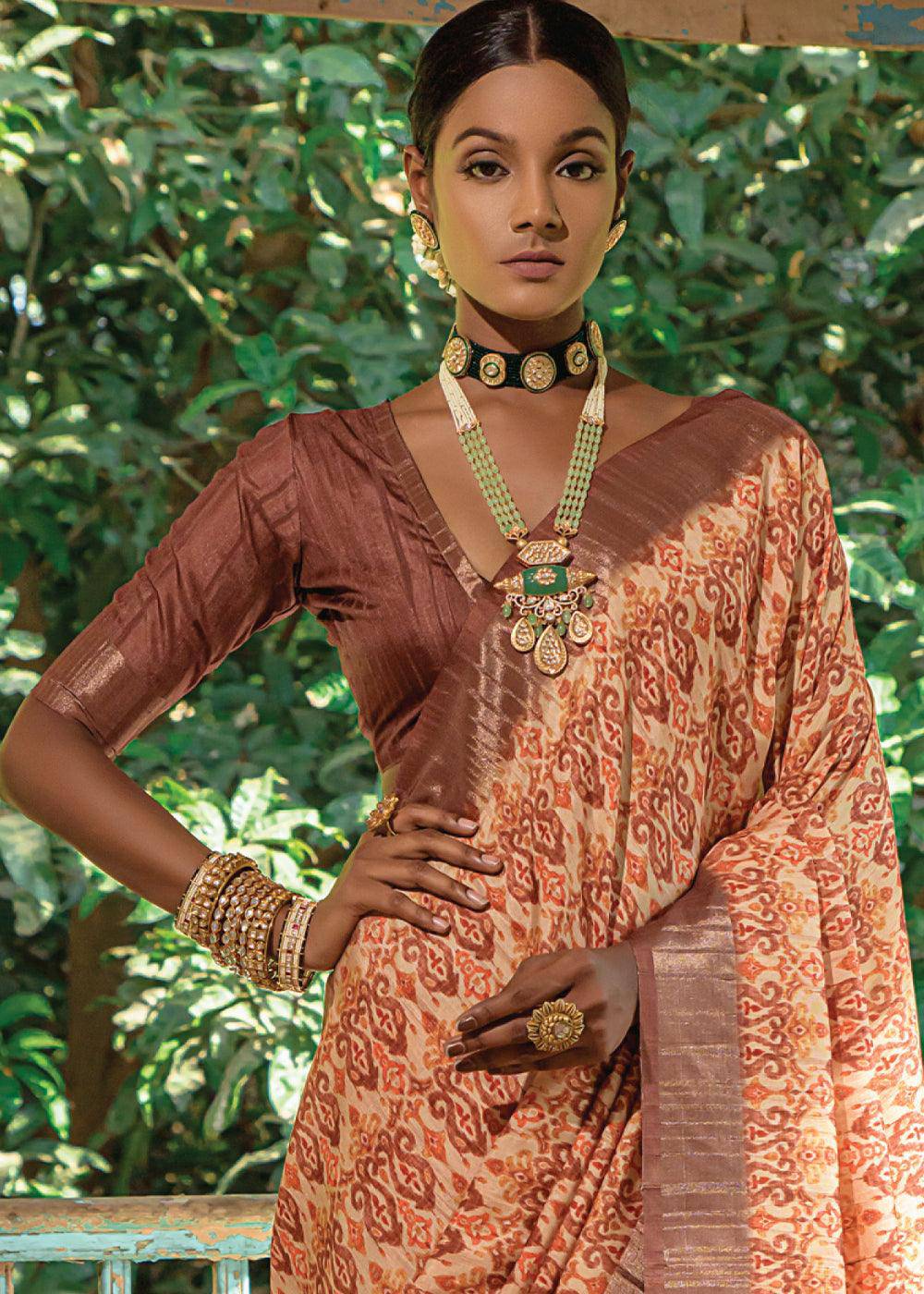 White & Brown Printed Dola Silk Saree | Stitched Blouse - qivii