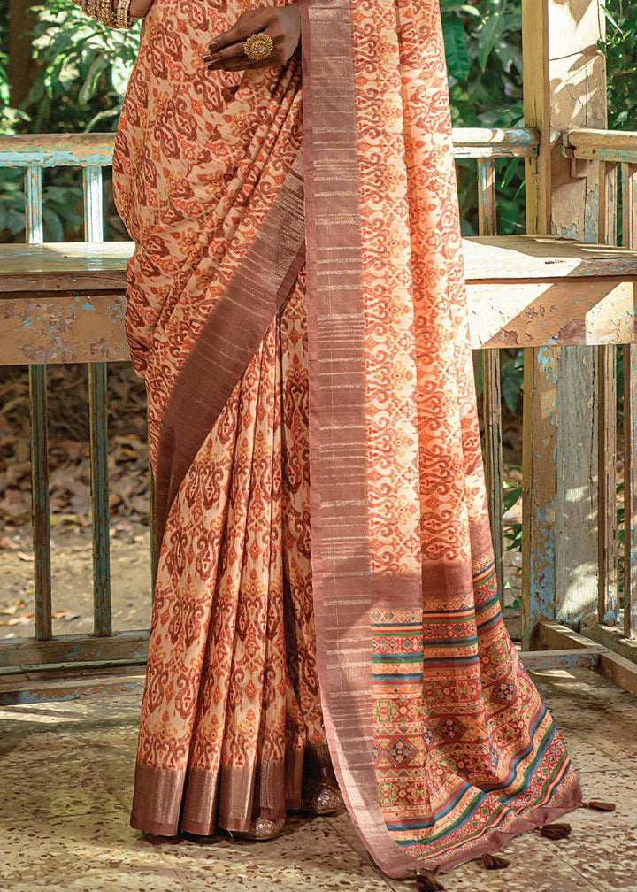 White & Brown Printed Dola Silk Saree | Stitched Blouse - qivii