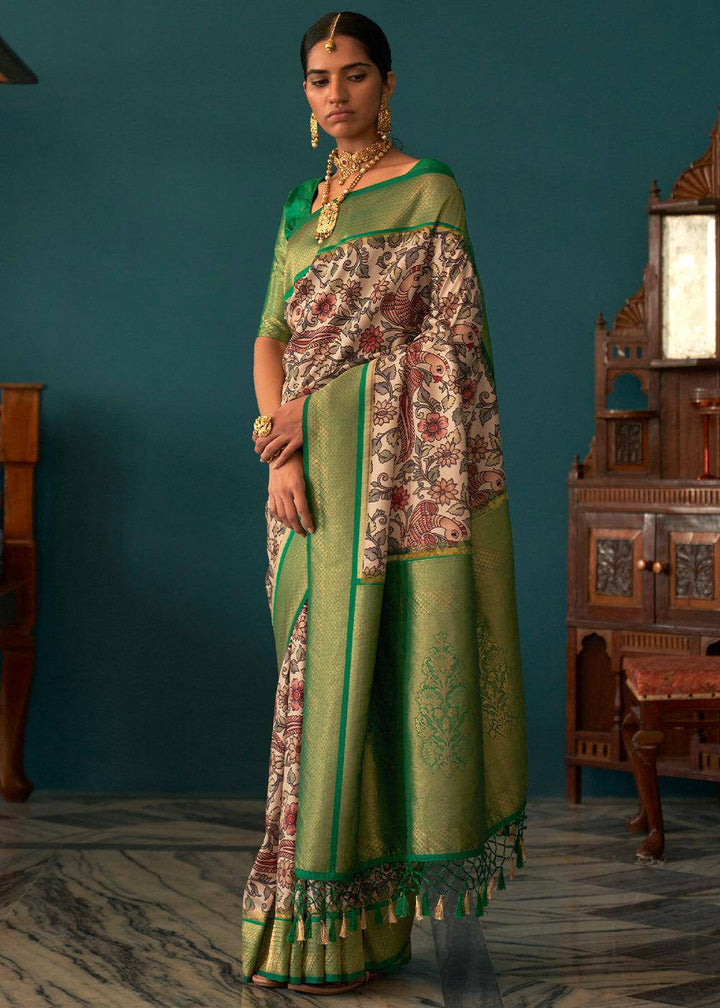 White & Green Tussar Silk Saree with kalamkari Print | Stitched Blouse - qivii