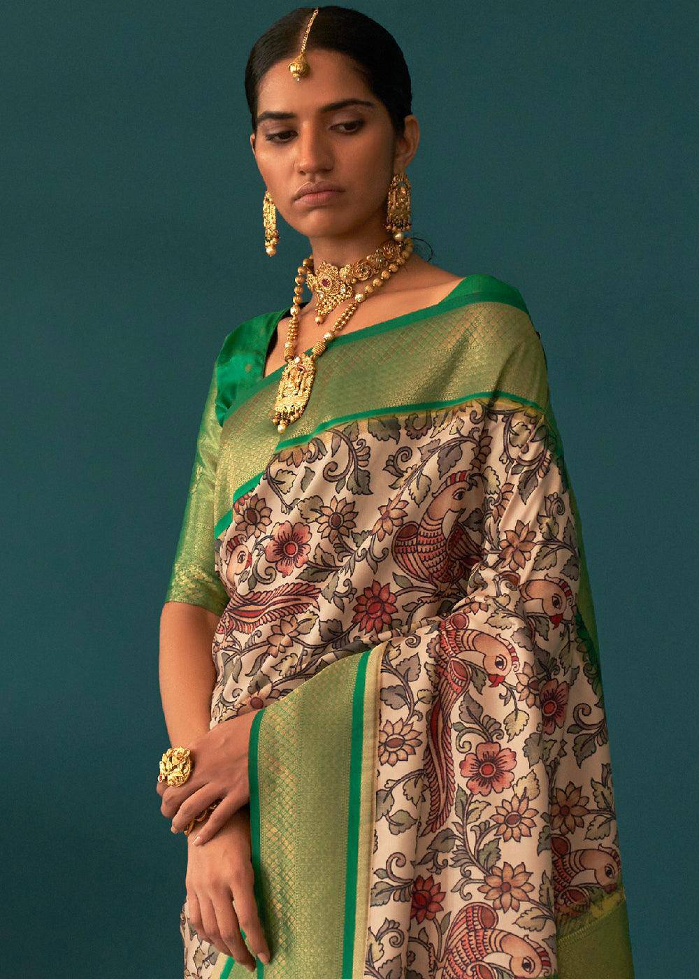 White & Green Tussar Silk Saree with kalamkari Print | Stitched Blouse - qivii