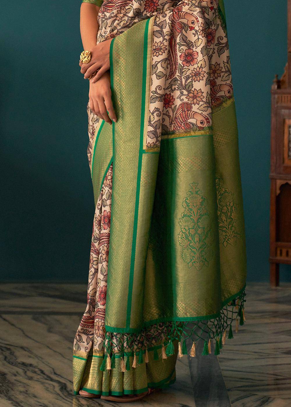 White & Green Tussar Silk Saree with kalamkari Print | Stitched Blouse - qivii