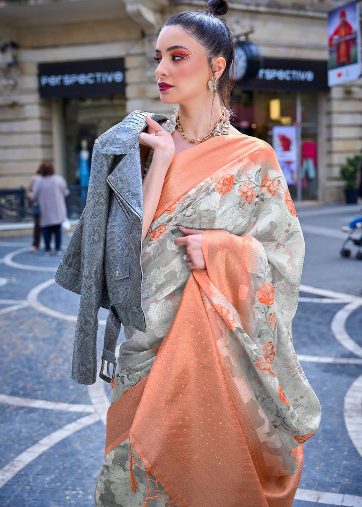 White & Orange Printed Soft Silk Saree - qivii