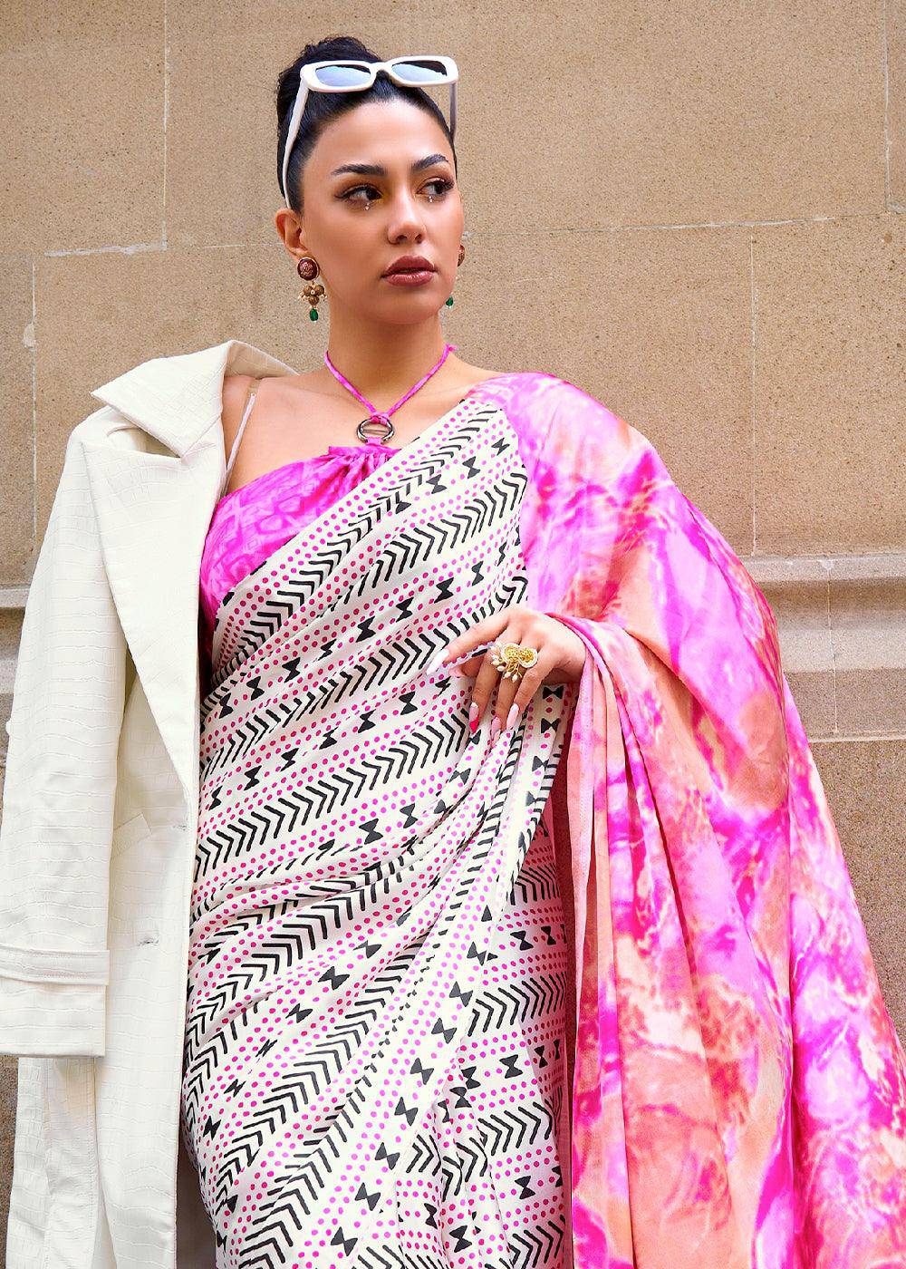 White & Pink Designer Satin Crepe Printed Saree | Stitched Blouse - qivii