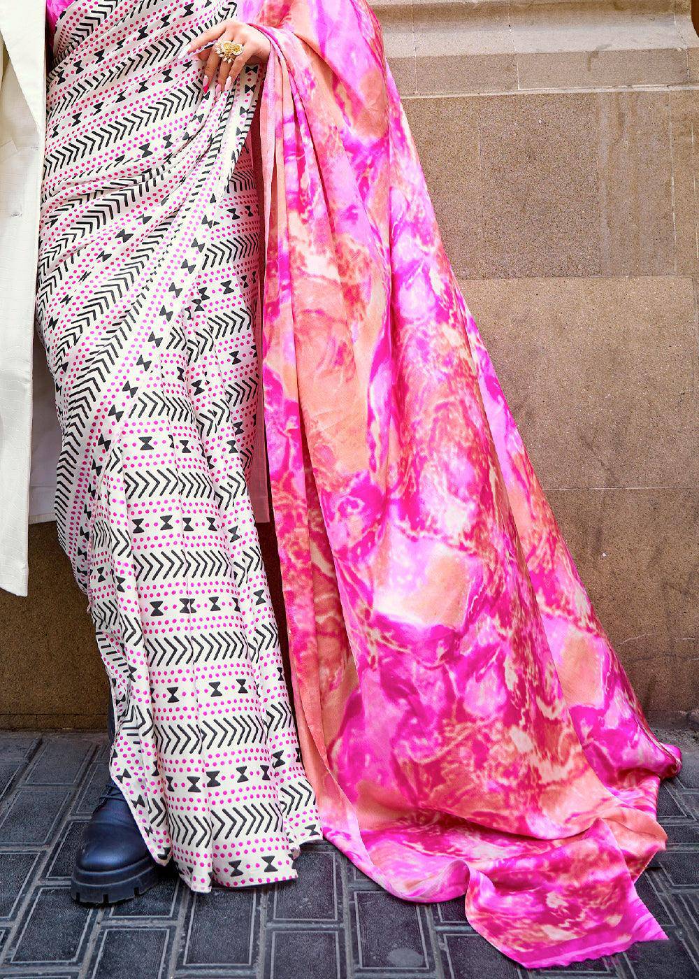 White & Pink Designer Satin Crepe Printed Saree | Stitched Blouse - qivii