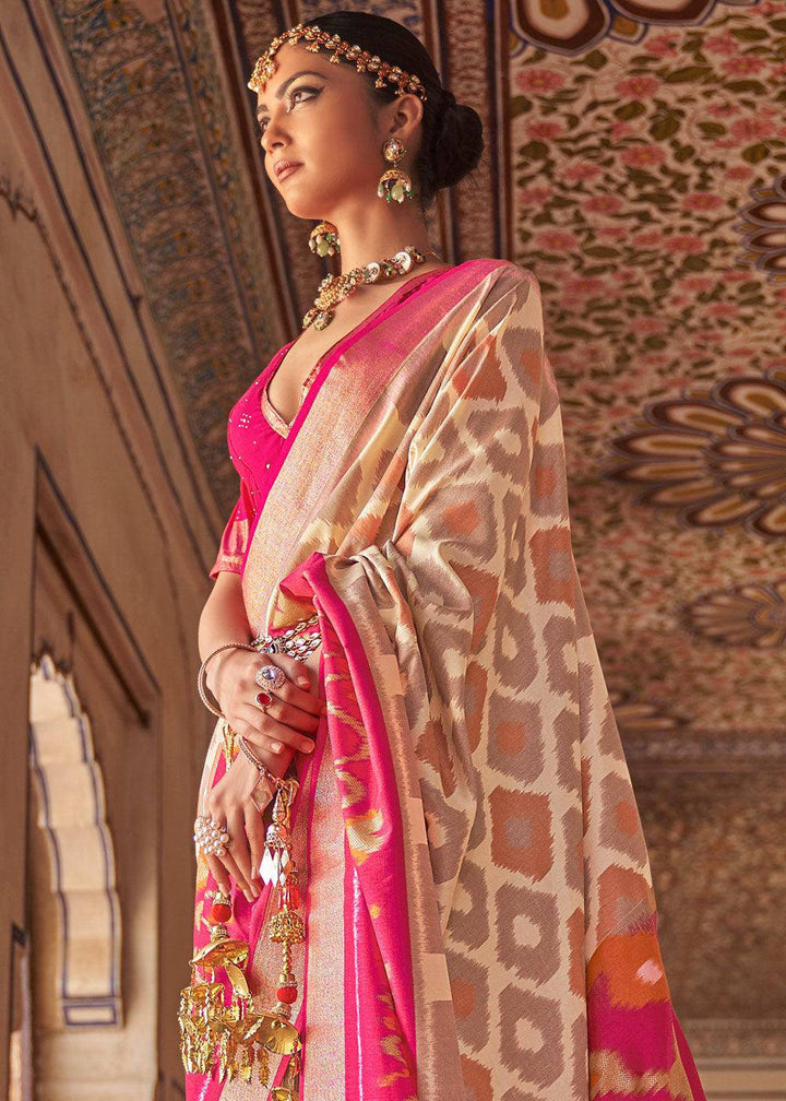 White & Pink Printed Patola Dola Silk Saree with Zari Border | Stitched Blouse - qivii