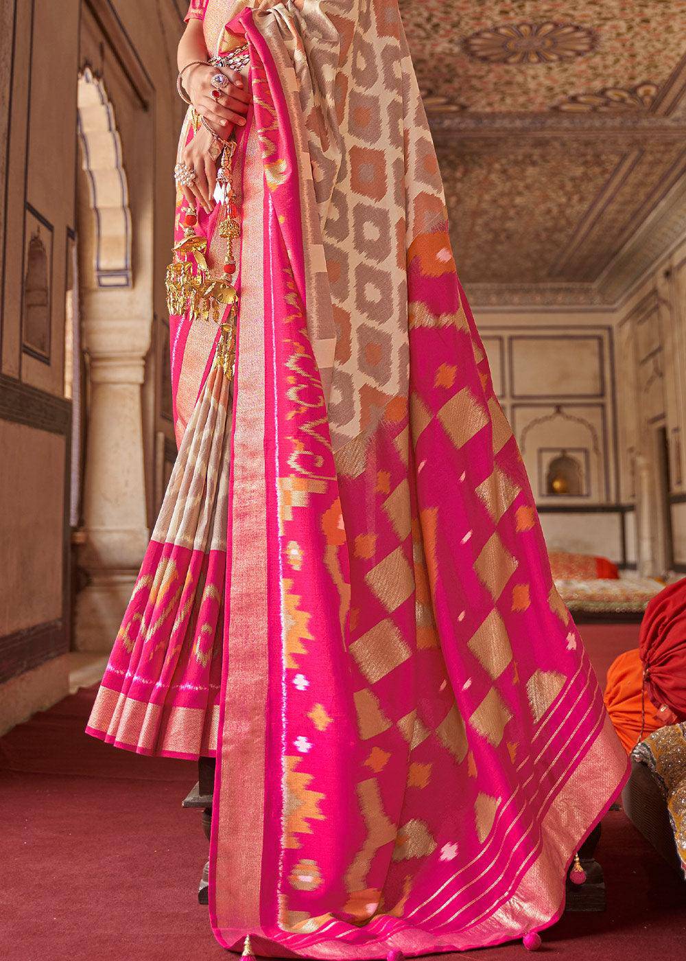 White & Pink Printed Patola Dola Silk Saree with Zari Border | Stitched Blouse - qivii