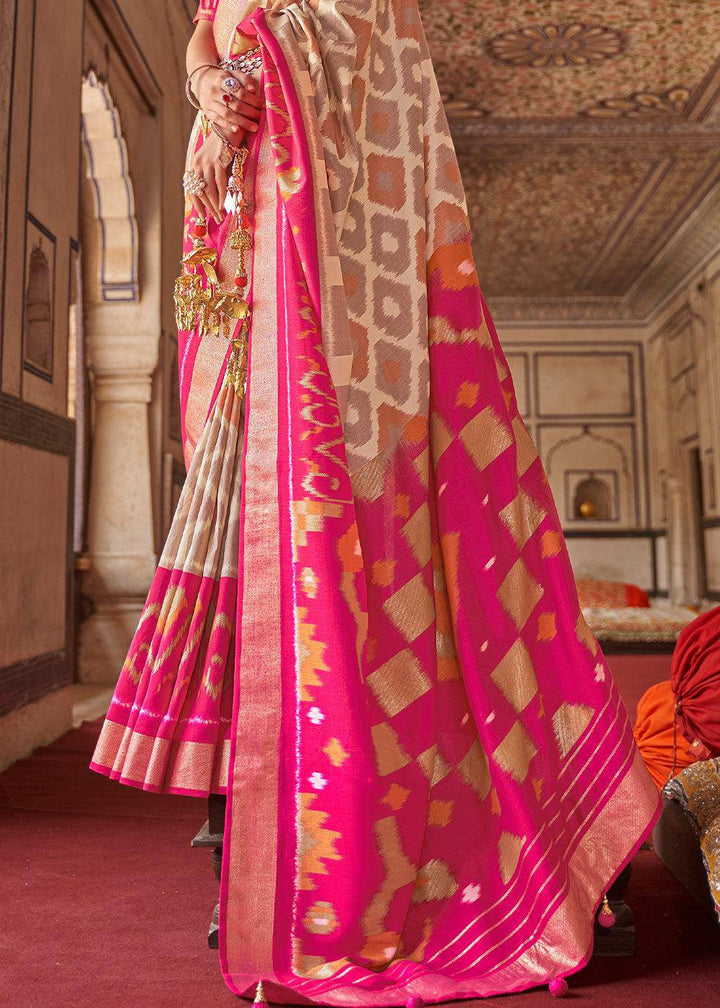 White & Pink Printed Patola Dola Silk Saree with Zari Border | Stitched Blouse - qivii