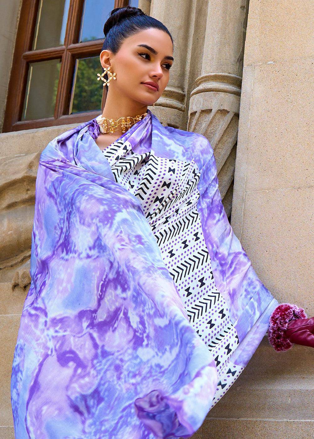 White & Purple Designer Satin Crepe Printed Saree | Stitched Blouse - qivii