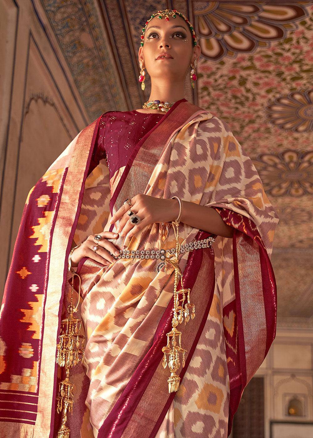 White & Purple Printed Patola Dola Silk Saree with Zari Border | Stitched Blouse - qivii