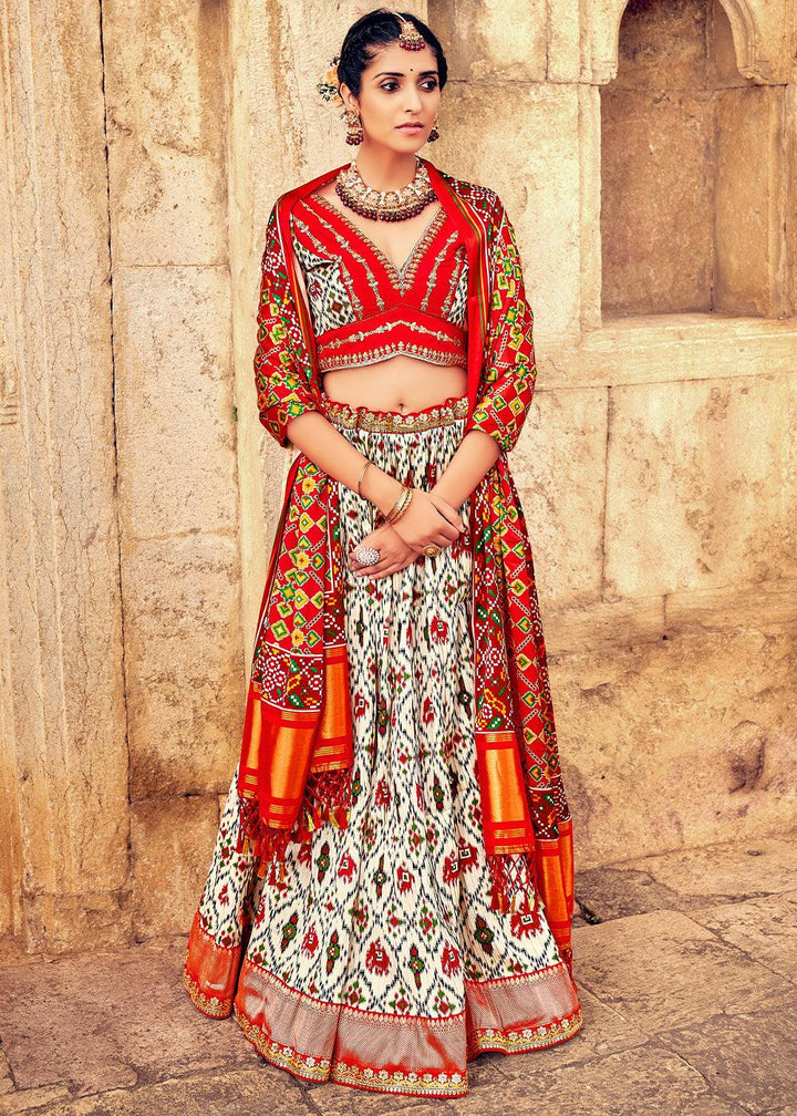 White & Red Patola Printed Banarasi Silk Lehenga Choli with Embroidery Work - qivii