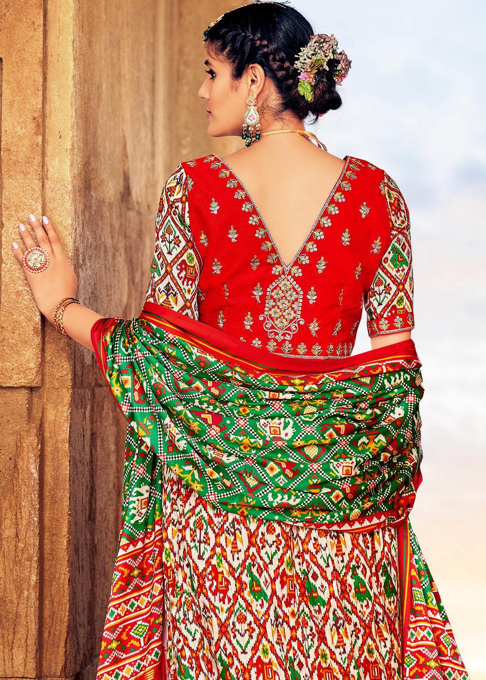 White & Red Patola Printed Banarasi Silk Lehenga Choli with Embroidery Work - qivii