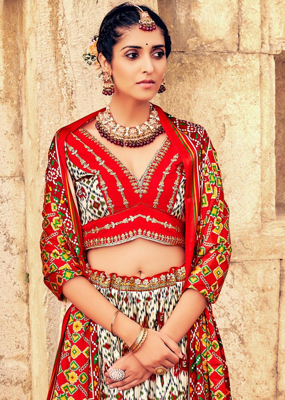 White & Red Patola Printed Banarasi Silk Lehenga Choli with Embroidery Work - qivii