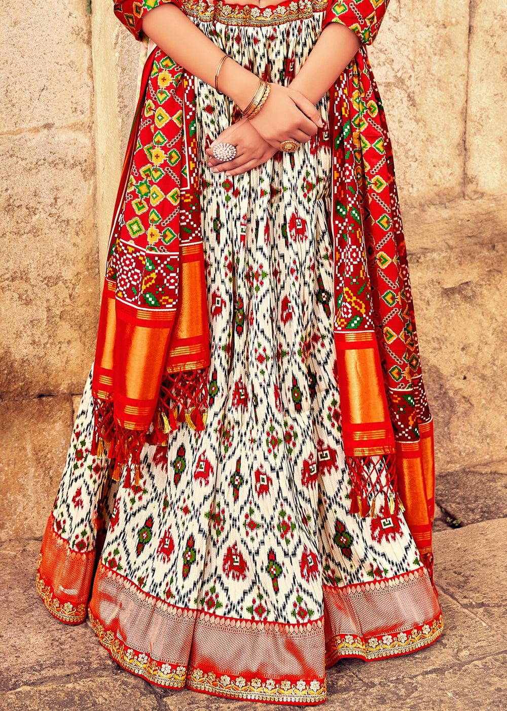 White & Red Patola Printed Banarasi Silk Lehenga Choli with Embroidery Work - qivii