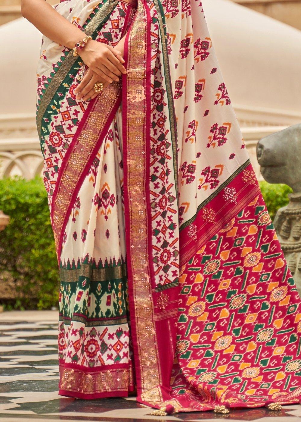 White & Red Patola Silk Saree with Zari Border & Tassels On Pallu | Stitched Blouse - qivii