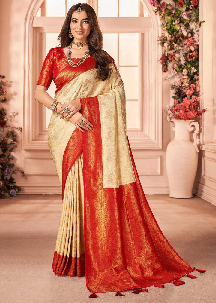 White & Red Zari Woven Designer Silk Saree | Stitched Blouse - qivii