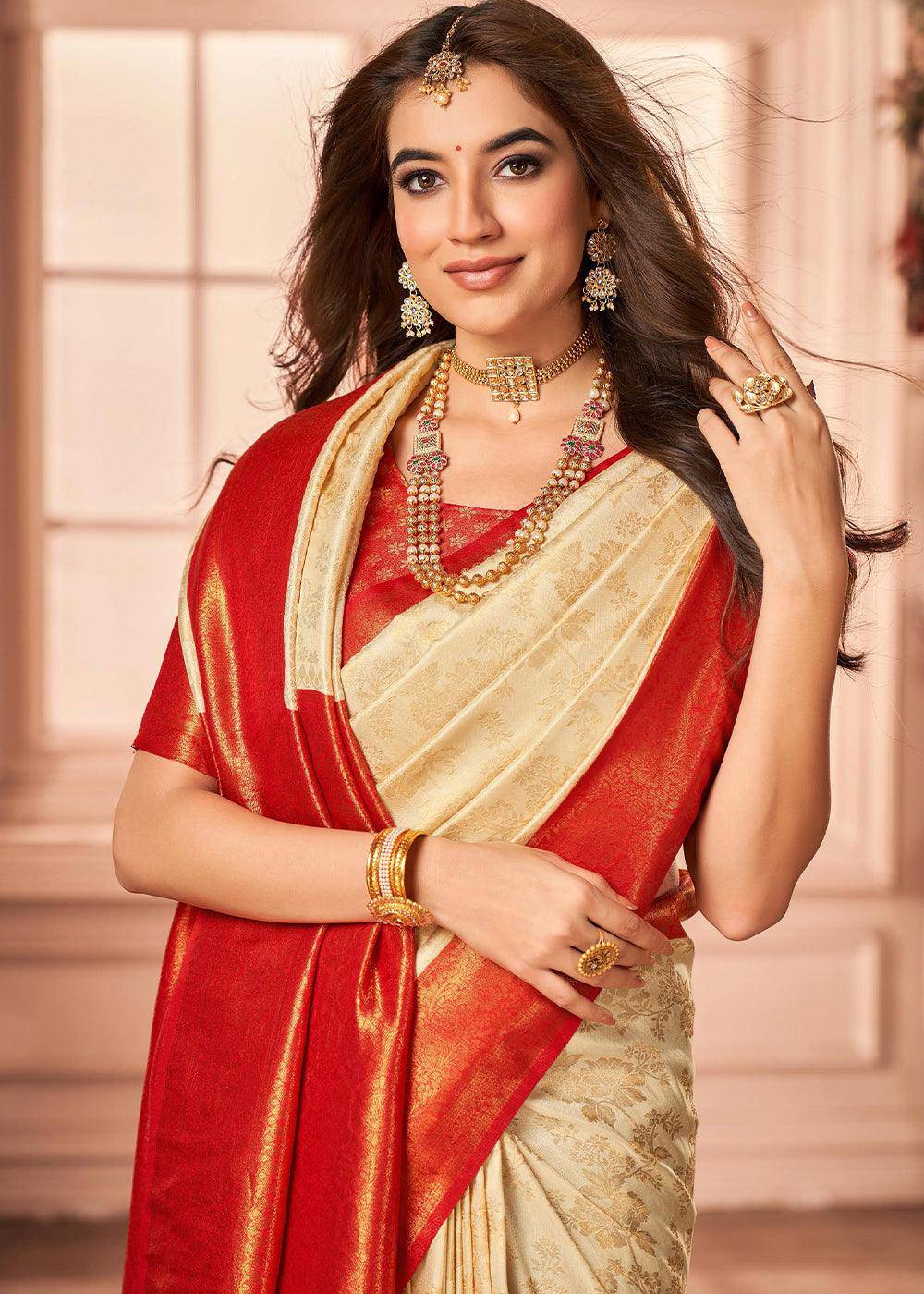 White & Red Zari Woven Designer Silk Saree | Stitched Blouse - qivii