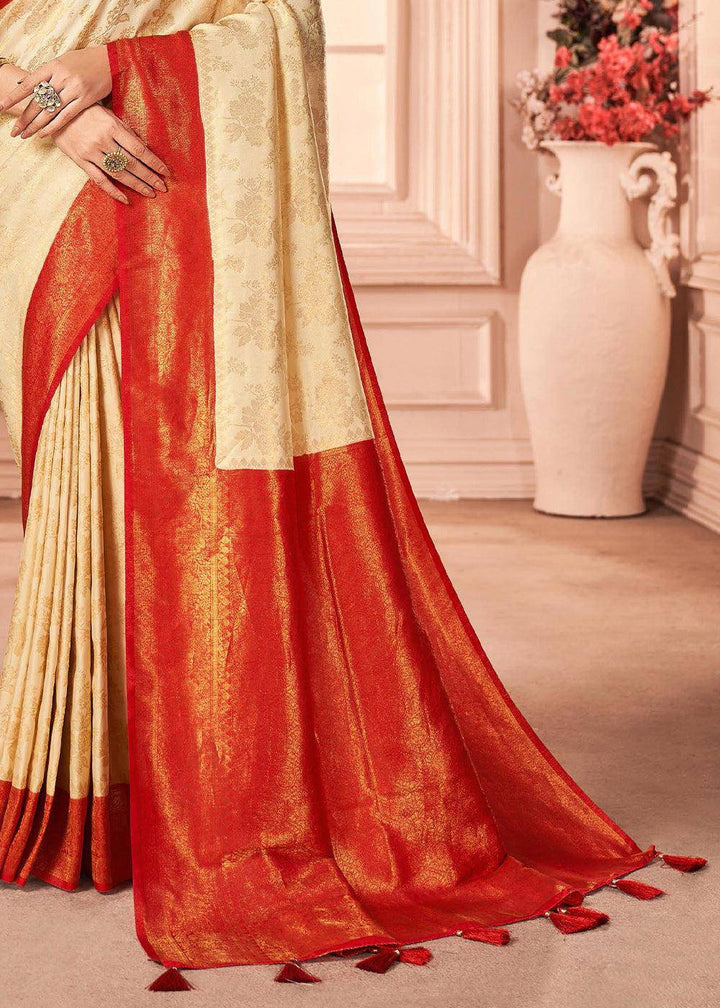 White & Red Zari Woven Designer Silk Saree | Stitched Blouse - qivii