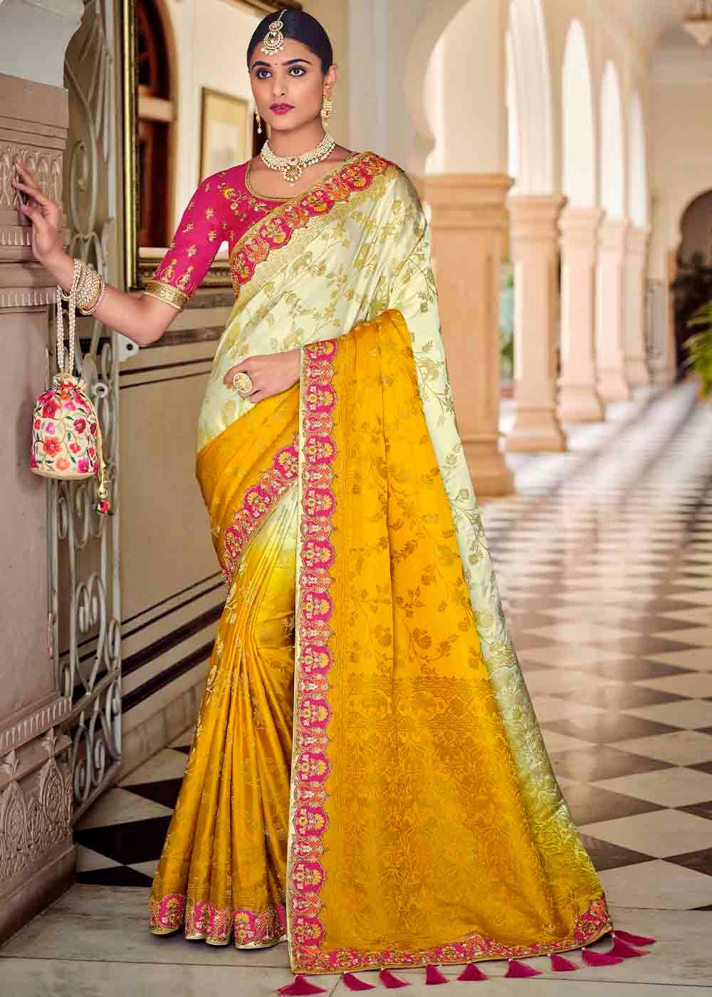 White & Yellow Floral Zari Woven Banarasi Silk Saree with Embroidered Blouse | Stitched Blouse - qivii