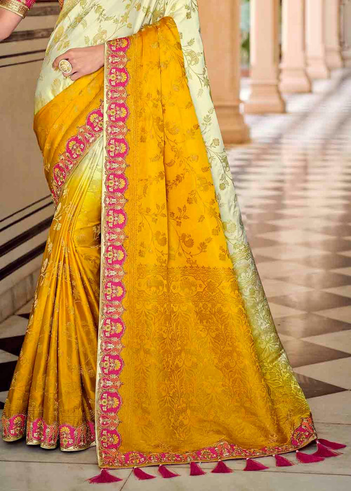 White & Yellow Floral Zari Woven Banarasi Silk Saree with Embroidered Blouse | Stitched Blouse - qivii