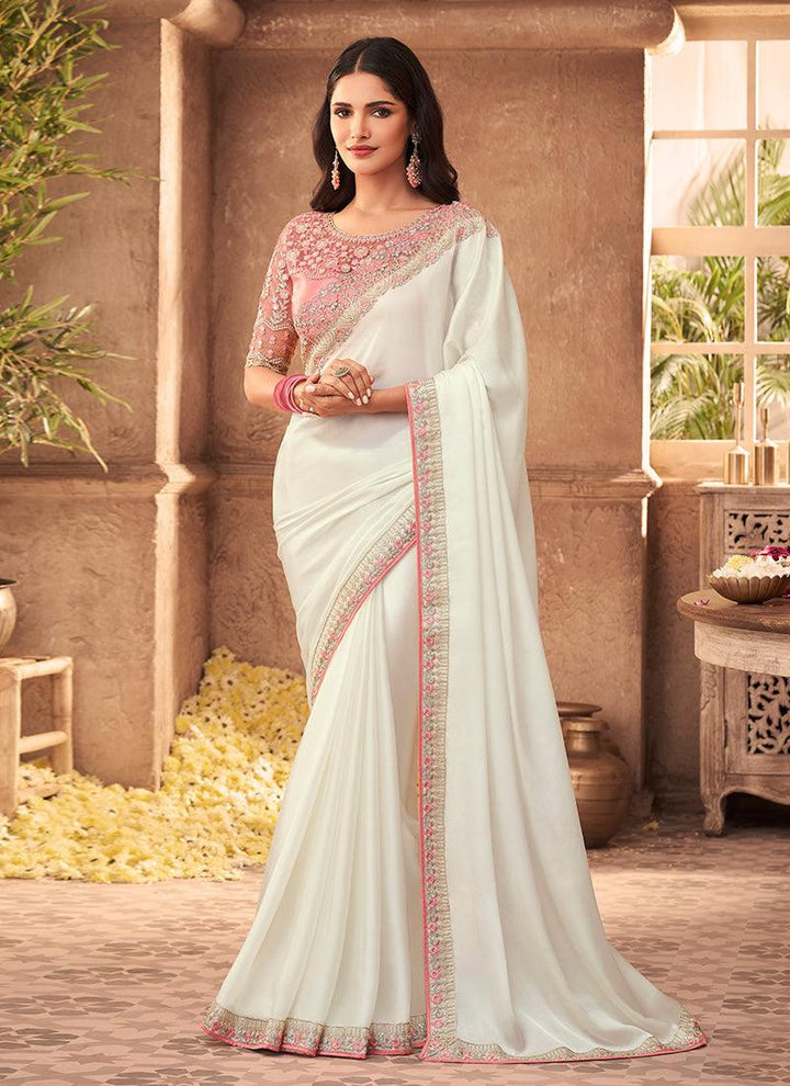 White Color Silk Base Half And Half Saree With Sequins Work  - By Kreeva