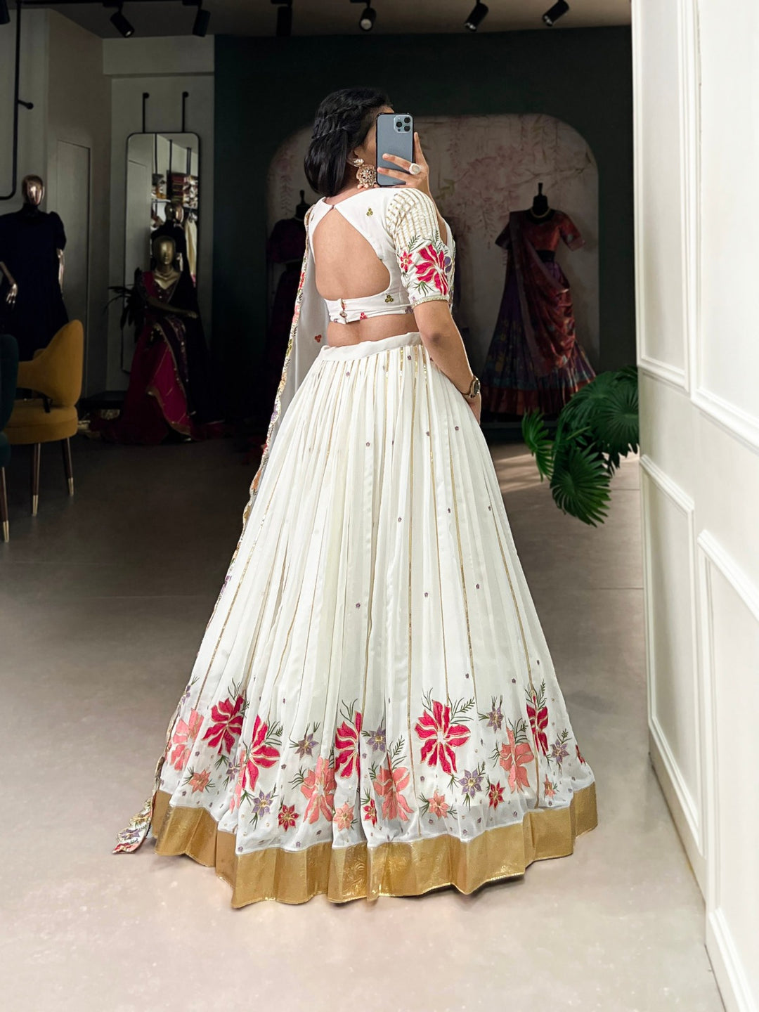 White Georgette Sequins and Thread Embroidery Work With Embossed Design Lace Lehenga - elegant and intricate traditional Indian bridal attire