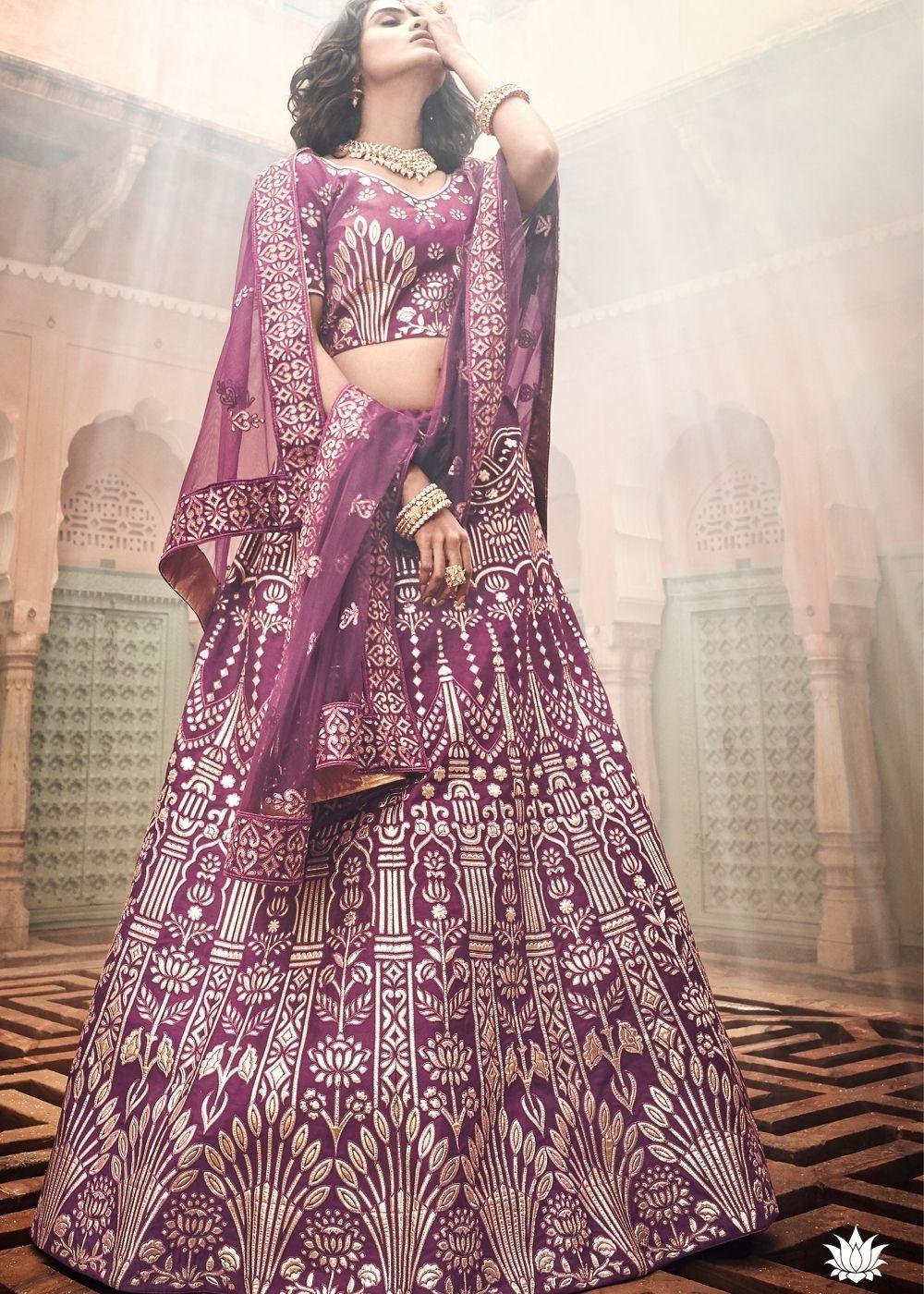 Wine Art Silk Lehenga Choli with Thread, Zari and Pure Gota work - qivii