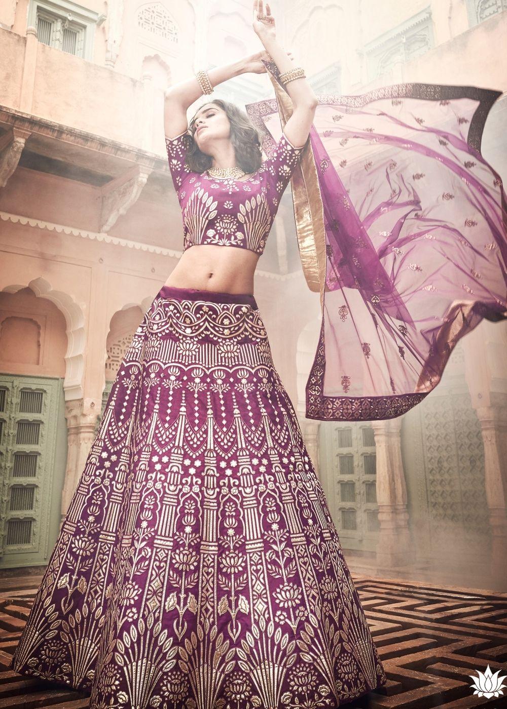 Wine Art Silk Lehenga Choli with Thread, Zari and Pure Gota work - qivii