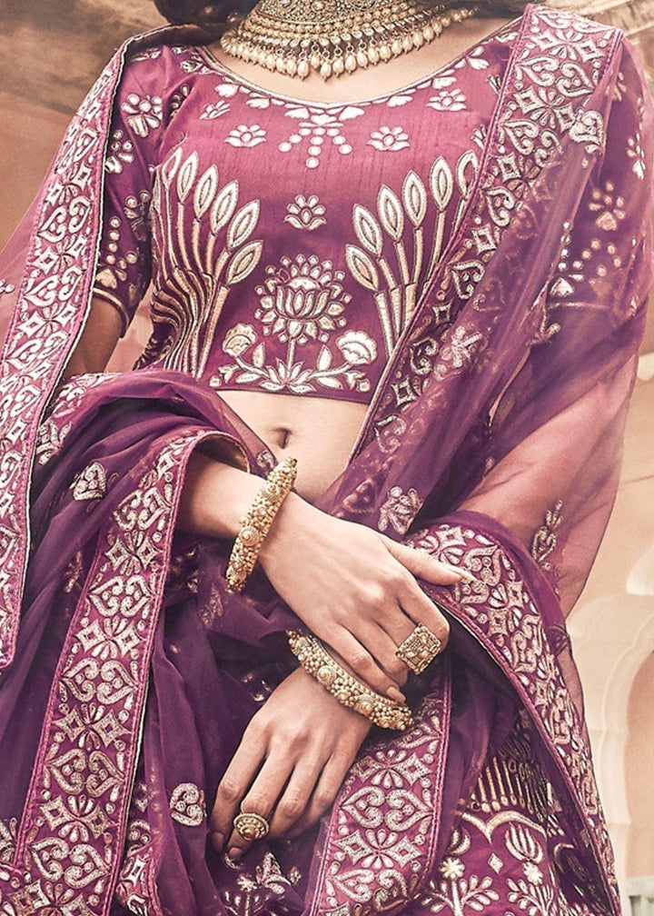 Wine Art Silk Lehenga Choli with Thread, Zari and Pure Gota work - qivii