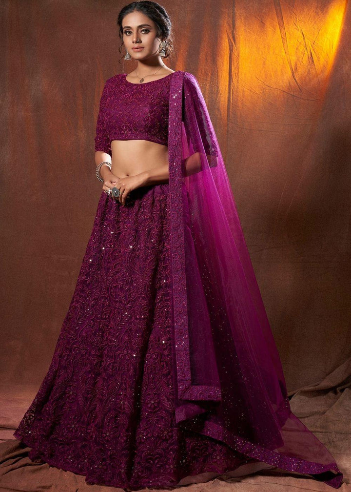 Wine Purple Designer Soft Net Lehenga Choli with Thread & Sequins work - qivii