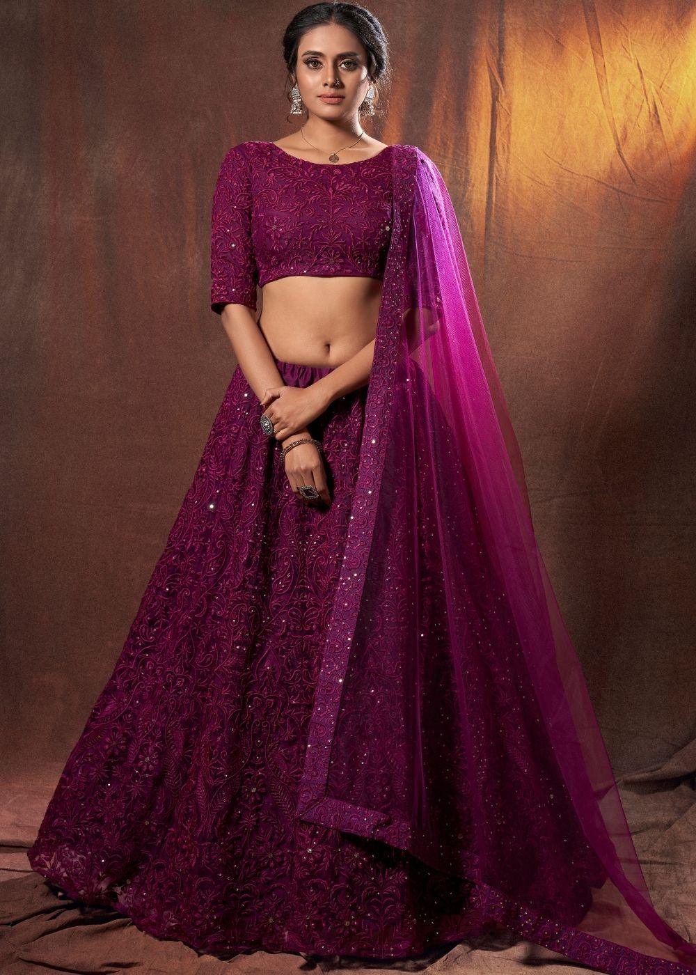 Wine Purple Designer Soft Net Lehenga Choli with Thread & Sequins work - qivii