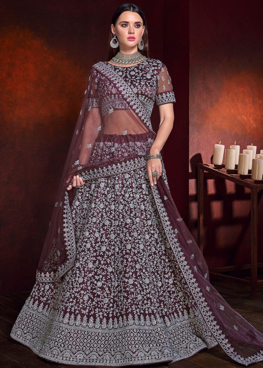 Wine Purple Net Lehenga Choli with Sequence and Zarkan work - qivii