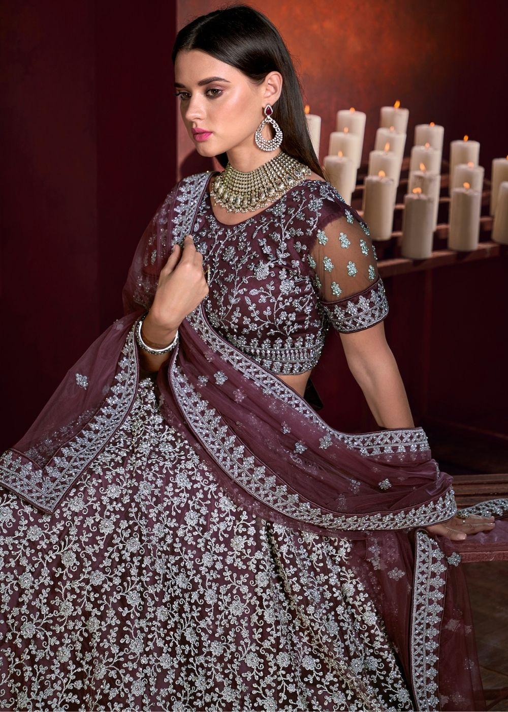 Wine Purple Net Lehenga Choli with Sequence and Zarkan work - qivii