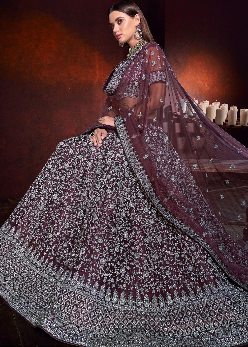 Wine Purple Net Lehenga Choli with Sequence and Zarkan work - qivii