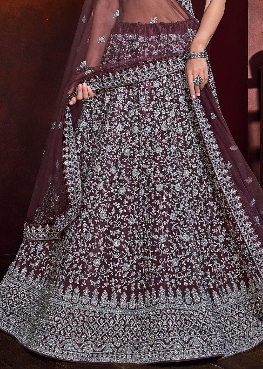 Wine Purple Net Lehenga Choli with Sequence and Zarkan work - qivii