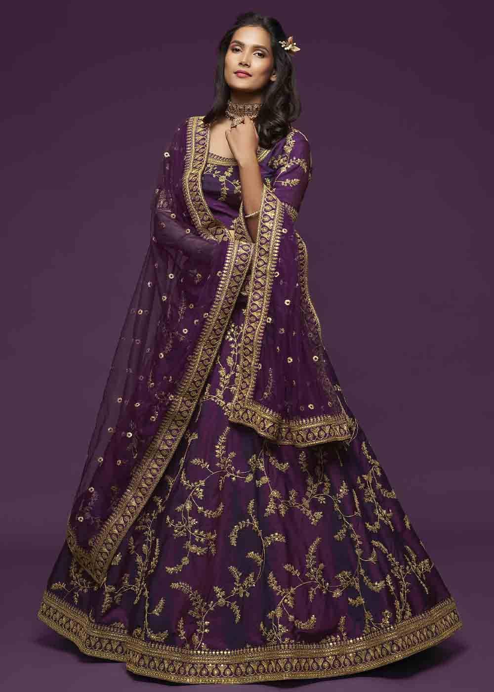 Wine Purple Silk Lehenga Choli with Thread,Zari,Dori & Sequins work - qivii