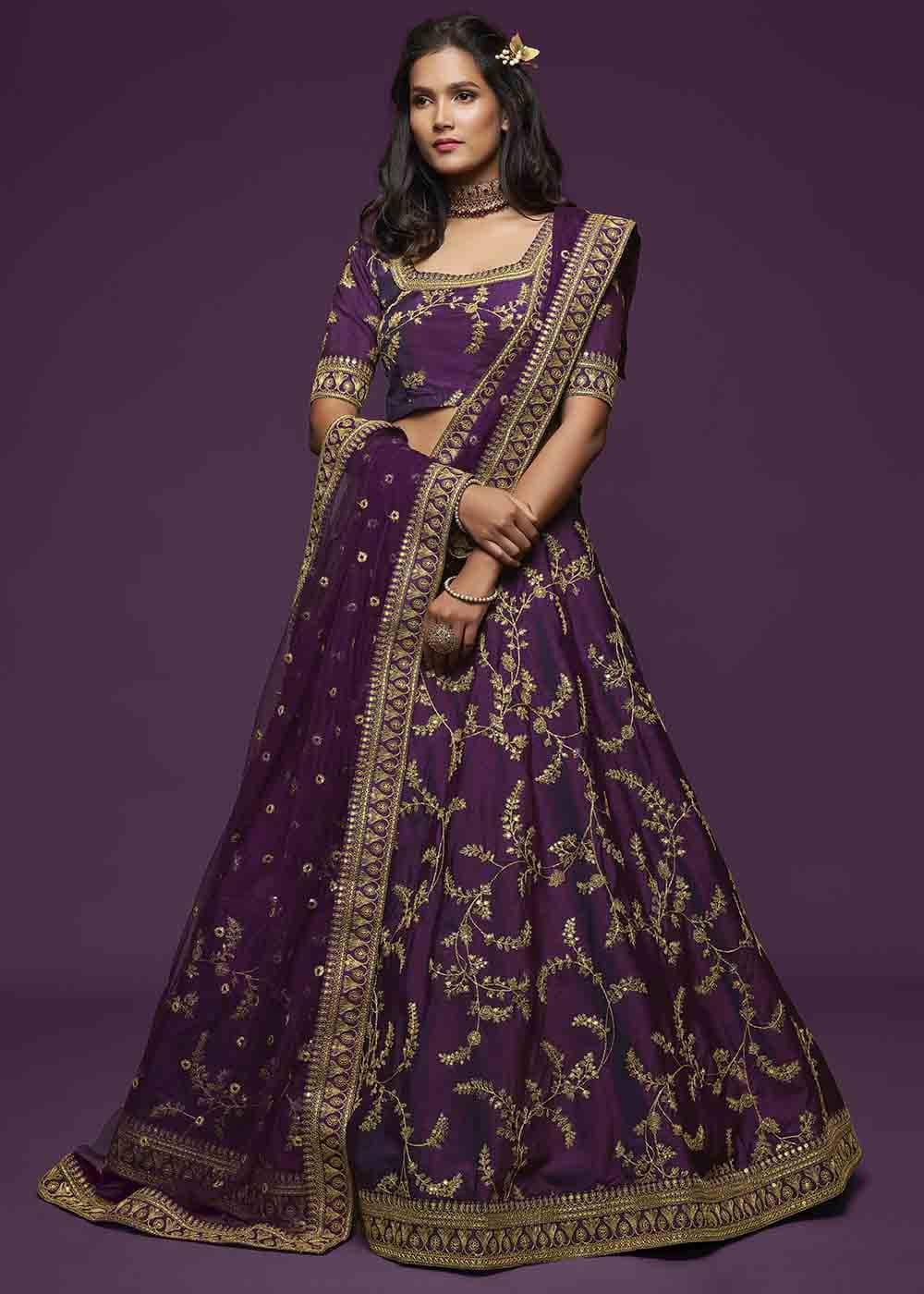 Wine Purple Silk Lehenga Choli with Thread,Zari,Dori & Sequins work - qivii