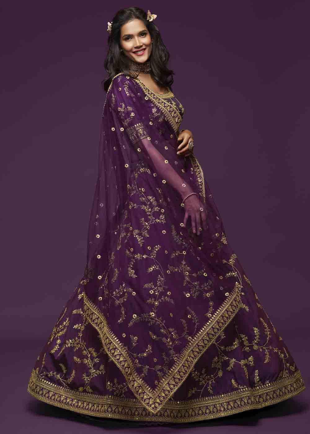 Wine Purple Silk Lehenga Choli with Thread,Zari,Dori & Sequins work - qivii