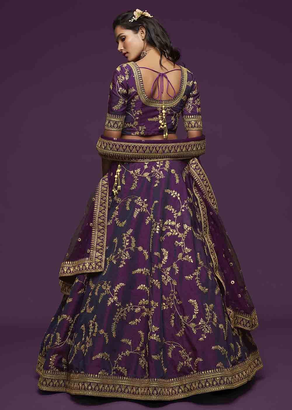 Wine Purple Silk Lehenga Choli with Thread,Zari,Dori & Sequins work - qivii