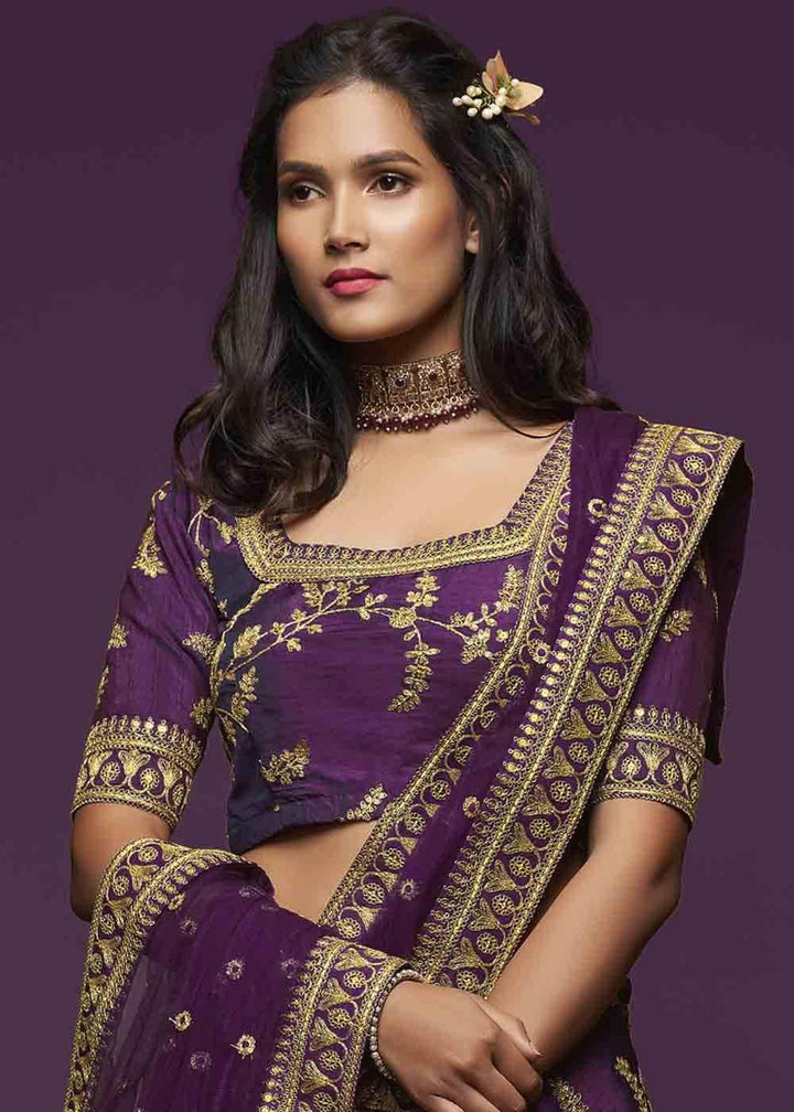 Wine Purple Silk Lehenga Choli with Thread,Zari,Dori & Sequins work - qivii