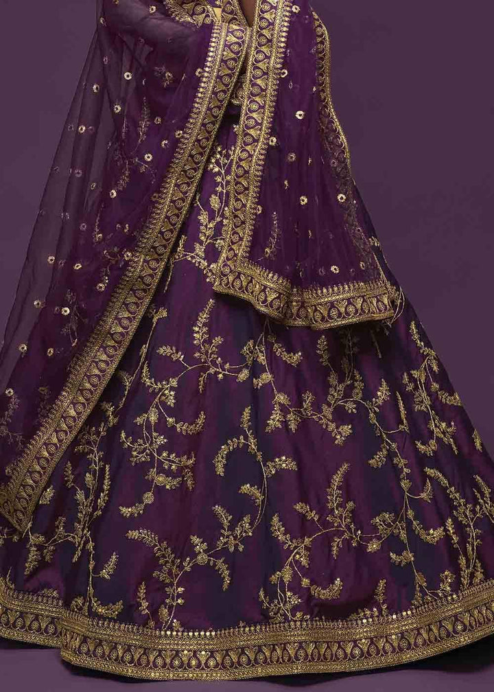 Wine Purple Silk Lehenga Choli with Thread,Zari,Dori & Sequins work - qivii