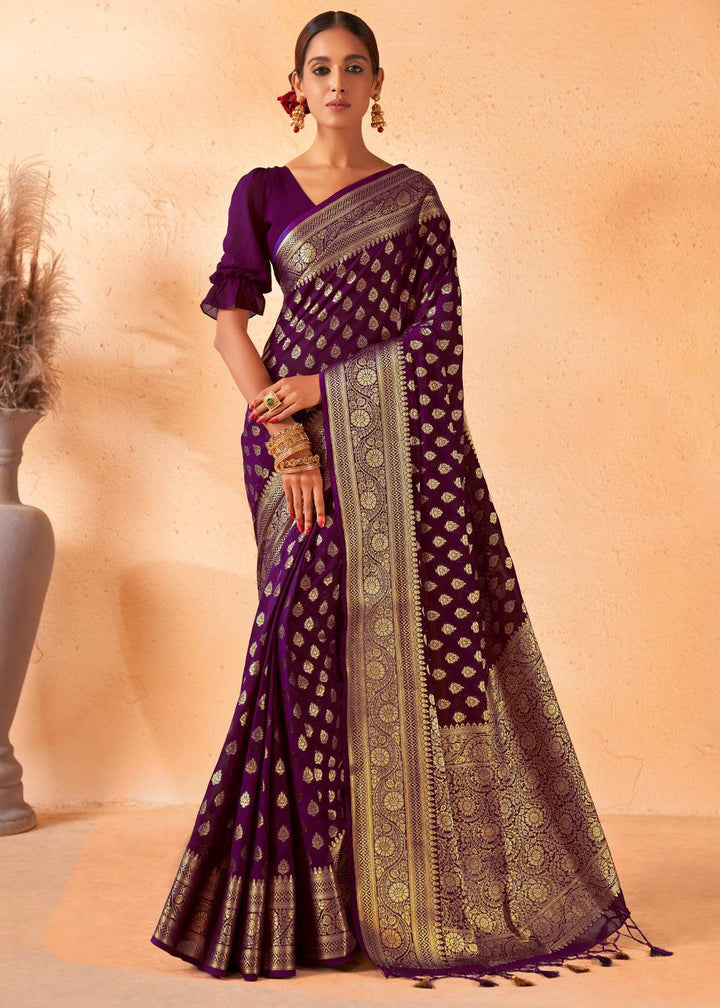 Wine Purple Woven Georgette Saree - qivii