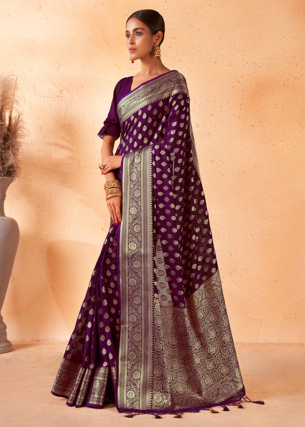 Wine Purple Woven Georgette Saree - qivii