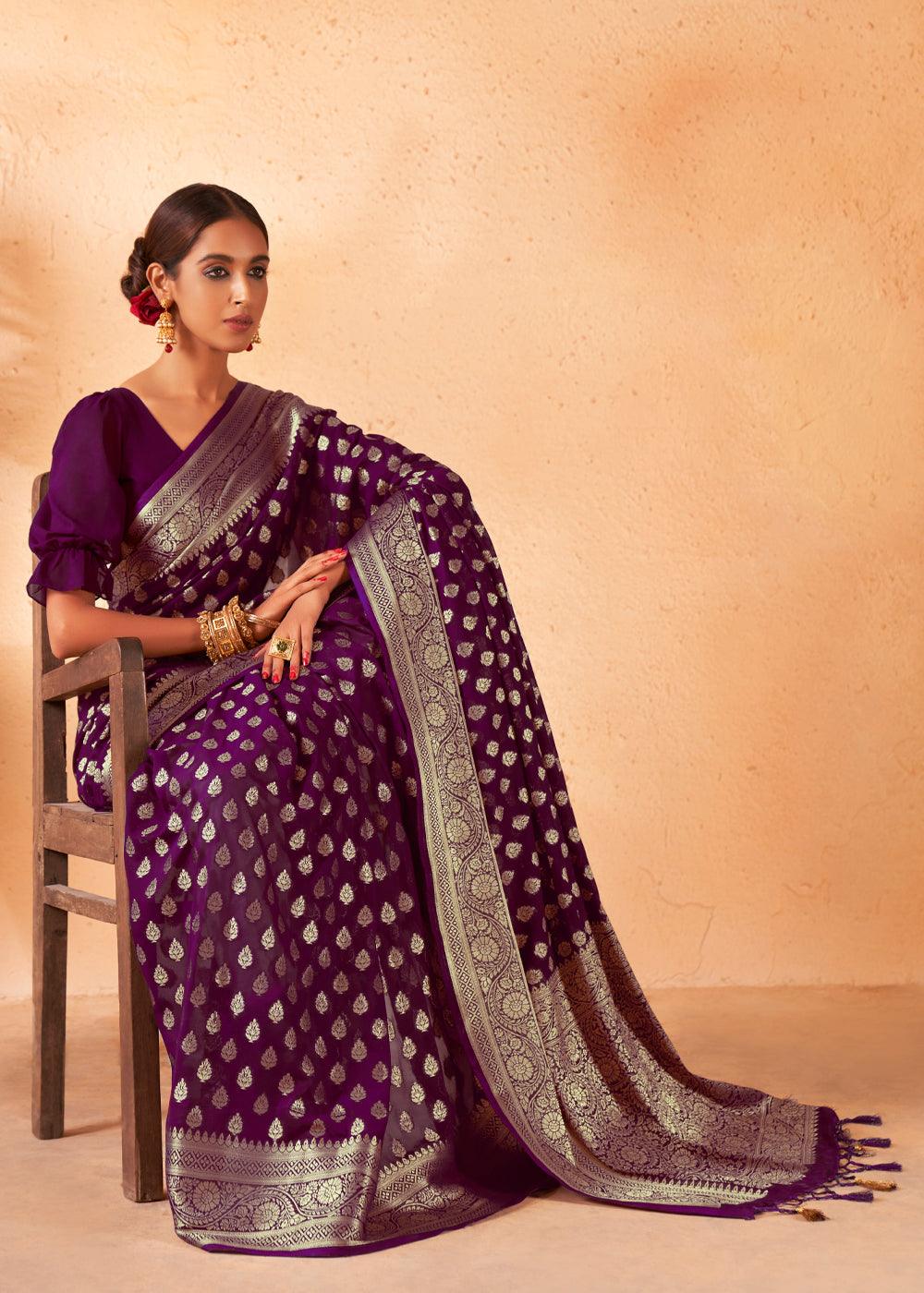 Wine Purple Woven Georgette Saree - qivii