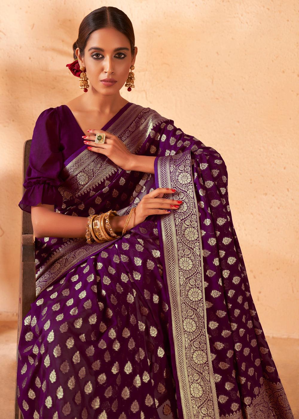 Wine Purple Woven Georgette Saree - qivii