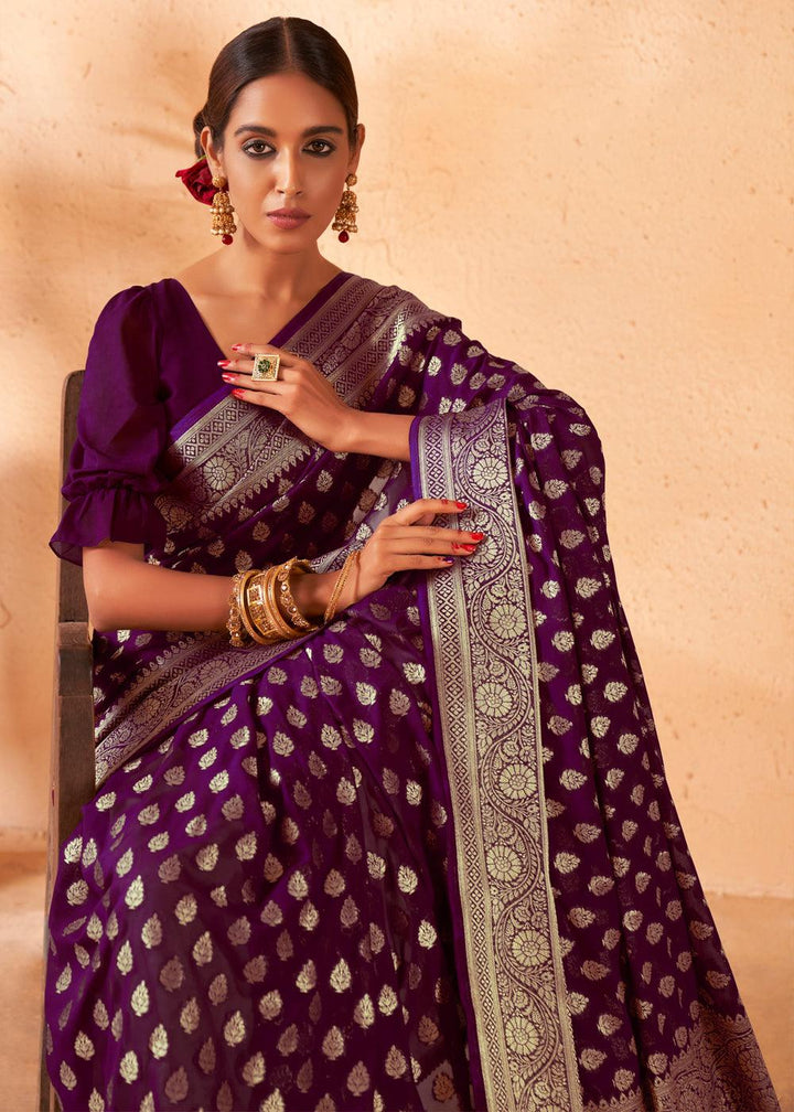 Wine Purple Woven Georgette Saree - qivii