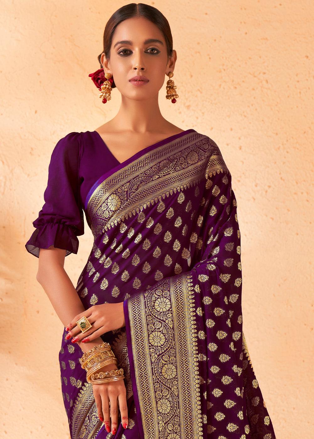 Wine Purple Woven Georgette Saree - qivii